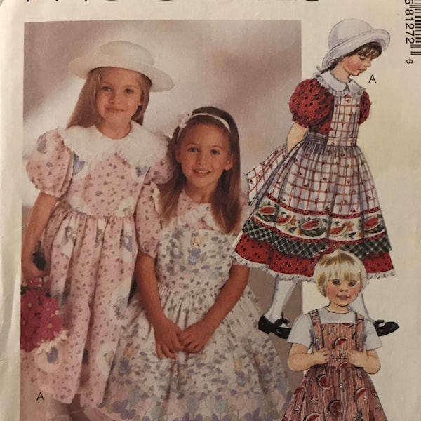 McCalls 8127 Pattern UNCUT 1990s Girl's Dress with Short Puff Sleeves Midi Length and Pinafore with Back Sash Size 4 5 6