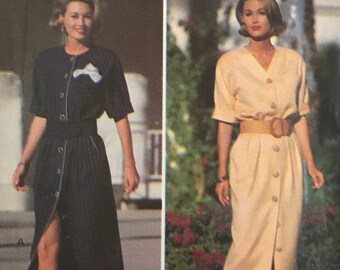 Butterick 6688 Pattern UNCUT 1990s Chetta B Button Front Shirtdress V or Jewel Neck Elbow Sleeves Straight Skirt Midi Length Size 6 8 10