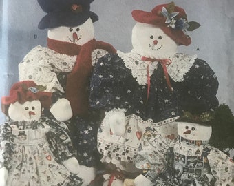 Simplicity 7399 Pattern UNCUT 1990s Vintage Holiday Collection Faith Van Zanten Snowman Family with Scarf Hat Dress Overalls Christmas