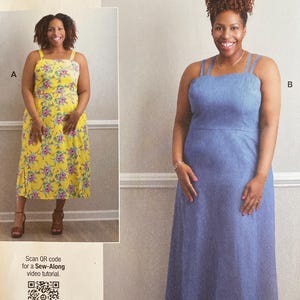 May include: A sewing pattern titled "KNOWME by Mimi G" features images of two dresses. One is yellow with a floral print, and the other is a solid blue. The pattern includes sizes W3 (30W-38W). The text "Designed and printed in USA" is visible.