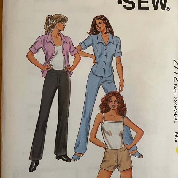 Kwik Sew 2772 Pattern UNCUT 1990s Vintage Fly Front Zipper Straight Legged Pants Shorts and Semi Fitted Button Front Shirt Size XS S M L Xl