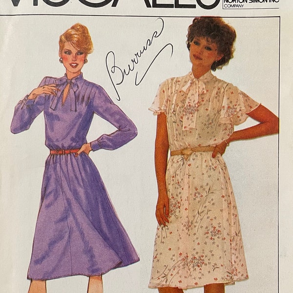 McCalls 7465 Pattern UNCUT 1980s Vintage Loose Fitting Dress Short Flutter Long Gathered Sleeves Tucks Bow Tie Collar Size 20 Bust 42" VA