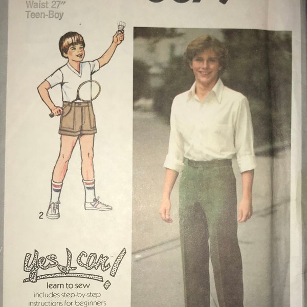 Simplicity 8879 Pattern CUT Complete 1970s Easy Learn to Sew Teen Boy's Waistband Pants or Shorts Turn Back Cuffs Pockets Size 14 Waist 27"