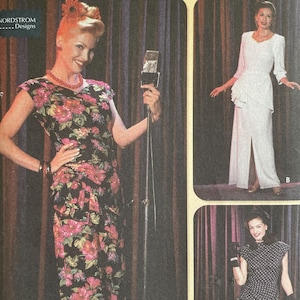 May include: Simplicity Retro Costume Collection sewing pattern. The pattern features three vintage dress designs. The main image shows a woman in a black floral dress. The pattern includes sizes 6, 8, 10, and 12.
