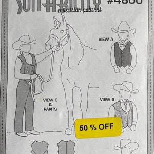 May include: A sewing pattern for a children's western show vest and girls show pants. The pattern is for sizes 2-16. The pattern is from Suitability Equestrian Patterns and is number 4800. The pattern includes four different views of the vest and pants.