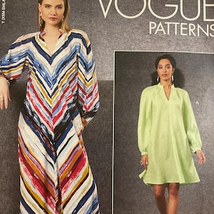 May include: Vogue Patterns sewing pattern featuring two dress designs. One dress is a maxi dress with a colorful chevron pattern. The other is a short, light green dress with long sleeves. The pattern is labeled V1803.