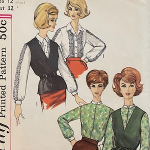 May include: Vintage Simplicity sewing pattern number 4095 for a blouse with a ruffled collar and sleeves. The pattern is for size 12 and bust 32 inches. The pattern is printed on a white background with a pink border.