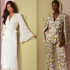 May include: Vogue Patterns sewing pattern featuring two women's outfits. One is a white wrap robe and pants set. The other is a floral print cape jacket and pants set. The pattern includes sizes 10-12-14-16.