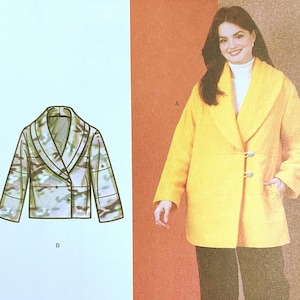 May include: Simplicity sewing pattern S3007 featuring a woman wearing a yellow coat and dark pants. The pattern includes a camouflage jacket design. The text on the pattern reads "SIZE U.S. XS-XXL" and "Designed and printed in USA."