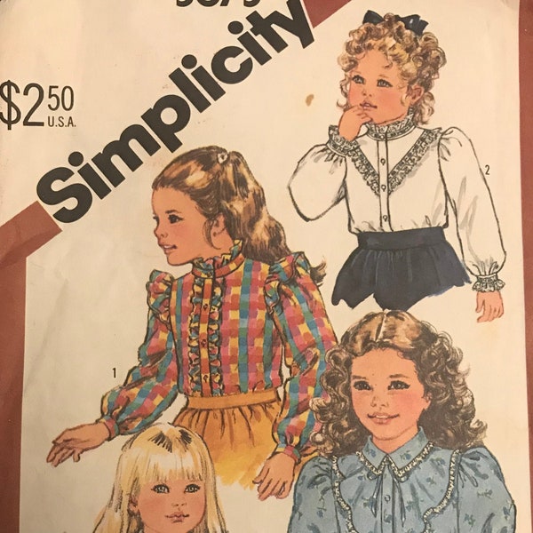 Simplicity 5675 Pattern CUT Complete 1980s Girl's Button Front Blouse Long Gathered or Short Puff Sleeve Ruffled Pointed Collar Size 6 MN