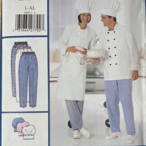 May include: A Butterick sewing pattern for professional uniform basics, size L-XL. The pattern features illustrations of chef coats, aprons, pants, and hats. The cover includes the text "PROFESSIONAL UNIFORMbasics" and "SEW EASY".