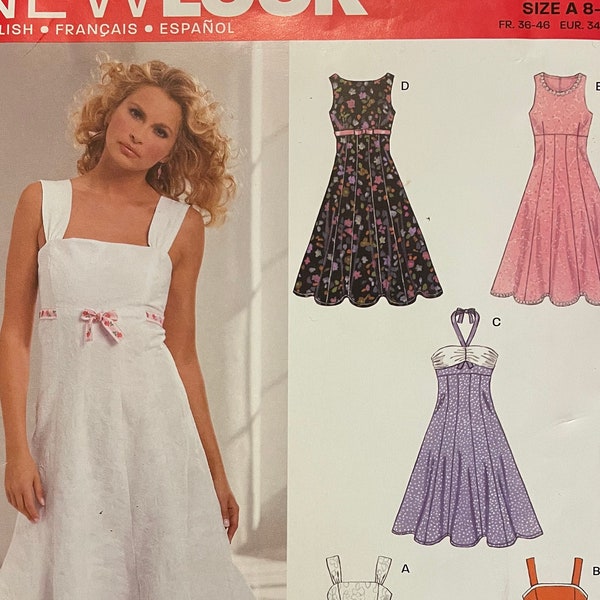 New Look 6589 Pattern UNCUT Sleeveless Strapless Halter Style Empire Raised Waist Fit Flare Dress Knee Length Trim Size 8 10 12 14 16 18