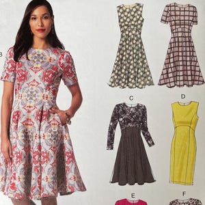 May include: Vogue Easy Options sewing pattern V9202. The pattern features several dress designs, including a short-sleeved dress with a red and white floral pattern. The pattern includes sizes 6-8-10-12-14 and is designed and printed in the USA.