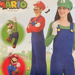 May include: Simplicity sewing pattern number 8478 for a Super Mario and Luigi costume. The pattern includes instructions for making a red jumpsuit with a mustache and a green jumpsuit with a green hat.