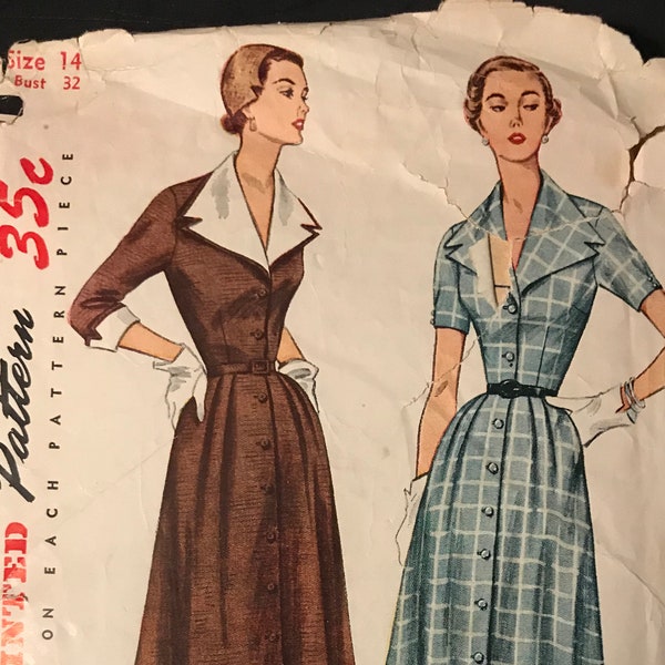 Simplicity 3539 Pattern CUT Complete 1950s Vintage Fit Flare Day Dress Button Front Elbow or 3/4 Length Sleeves Detachable Collar Size 14