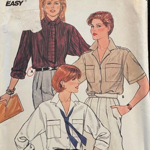 May include: A vintage sewing pattern for a shirt, featuring three different styles. The pattern is from Butterick and is for sizes 12-14-16. The pattern is labeled "Fast & Easy".