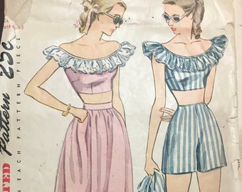 Simplicity 1976 Pattern CUT MISSING Guide 1940s Vintage Play Suit Ruffled Collar Cropped Top Sorts and Skirt Lace Trim Size 15 Bust 33"