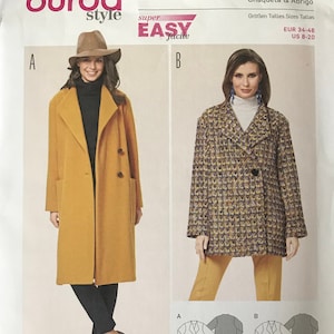 May include: A sewing pattern package with two coat designs. The Burda Style logo is visible, along with the text "super EASY facile". The models on the front are wearing the coats. The package includes size information and pattern diagrams.