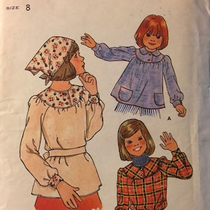 Butterick 4453 Pattern UNCUT 1970s Girl&#39;s Yoked Top with Peter Pan Collar LOng Raglan Sleeves Patch Pockets and Scarf Size 8 Breast 27 Mn