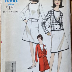 May include: Vintage Vogue sewing pattern 6618. The pattern features illustrations of women's fashion designs, including a white dress, a plaid jacket, and a red suit. The pattern includes the text "VOGUE young fashionables".