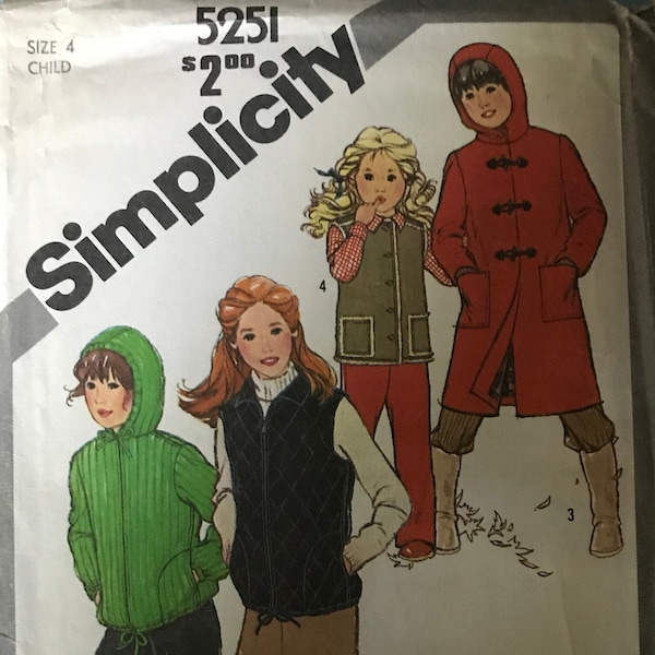 Simplicity 5251 Pattern UNCUT 1980s Girl's Lined Hooded Jacket or Quilted Vest with Drawstring Hem Patch Side Seam Pockets Size 4