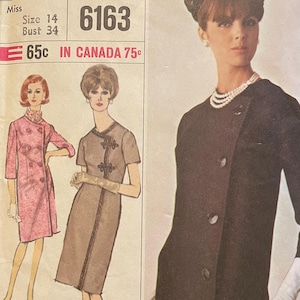 May include: Vintage Simplicity sewing pattern, size 14, bust 34 inches. The pattern features illustrations of three different designer fashion dresses. The cover has a black background with the Simplicity logo and the number 6163.