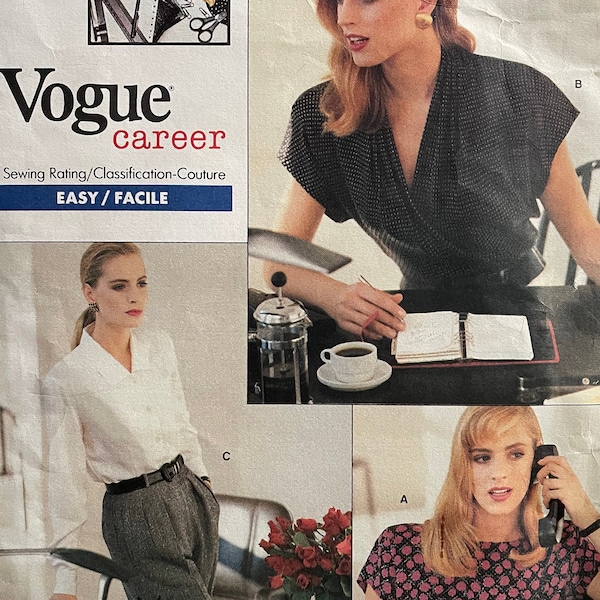 Vogue 2069 Pattern UNCUT 1980s Anne Klein II Career Blouse Collection Button Front, Bias Wrap Swan Neck, or Pullover - Size 6 8 10