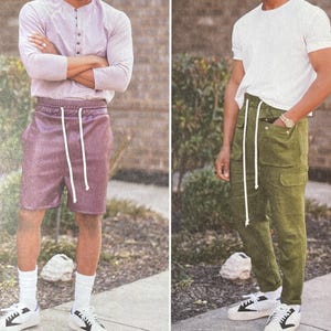May include: Simplicity sewing pattern showing two outfits: a light purple shirt and shorts, and a white t-shirt with green cargo trousers. The pattern includes sizes XS-XL. The text "Mimi G Style" is visible.