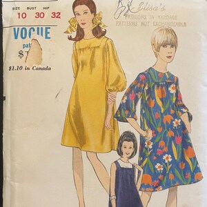 May include: Vintage sewing pattern for a dress, featuring three women wearing different styles of dresses. The pattern number is 6975, and the size is 10, bust 30, hip 32. The pattern is from Vogue and is titled "Elise's Fashions in Yardage, Patterns Not Exchangeable."