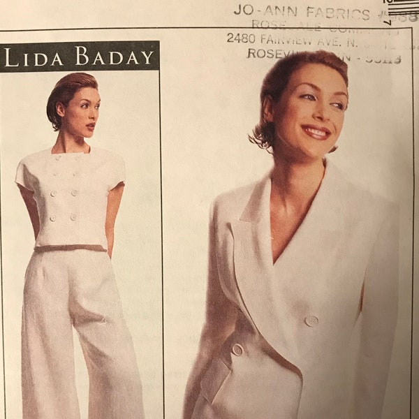 McCalls 8256 Pattern UNCUT Vintage 1990s Lida Baday Double Breasted Jacket Notched Collar Square Neck Top Wide Flared Leg Pants Size 6 or 8