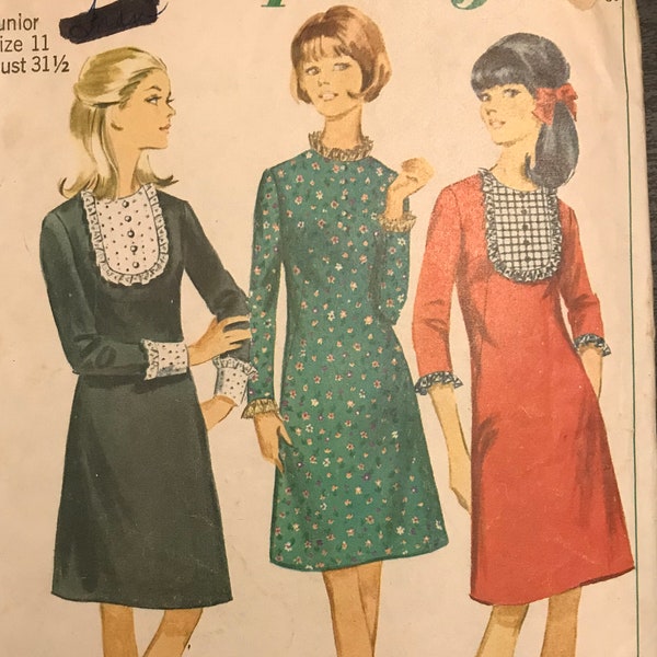 Simplicity 6731 Pattern CUT MISSING Ruffle 1960s Jewel Neck A-Line Dress in Knee Length Detachable Bib and Cuffs Size 11 Bust 31.5 MN