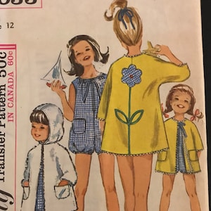 May include: Vintage Simplicity sewing pattern for a girl's dress and jacket. The pattern number is 6033 and the size is 12. The pattern includes a yellow dress with a flower applique, a white jacket with a hood, and a blue and white gingham dress.