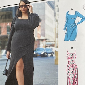 May include: McCall's sewing pattern featuring a woman in a black dress with a high slit. The pattern includes multiple view options. The text "#BrandiMcCalls" is visible. Designed and printed in the USA.