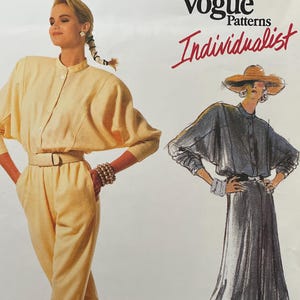 May include: Vogue Patterns Individualist sewing pattern featuring a woman in a yellow jumpsuit and a sketch of a woman in a gray outfit. The pattern is by Carol Horn.