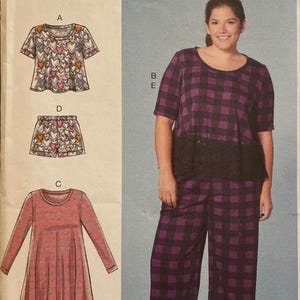 May include: McCall's sewing pattern M7697. The pattern includes options for a top, shorts, and a dress. The model in the image is wearing a purple and black plaid pajama set. The pattern size is B5 (8-10-12-14-16).
