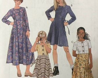 McCalls 8989 Pattern UNCUT 1990s Vintage Easy Girl's Long or Short Sleeved Dress with Contrast Bodice Princess Seams Back Ties Size 7 8 10