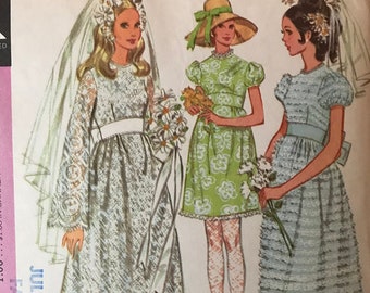McCalls 2252 Pattern CUT Complete 1960s Bride's and Bridesmaid's Dress in Maxi or Mini Length Short Puff or Angel Sleeve Size 10 Bust 32.5