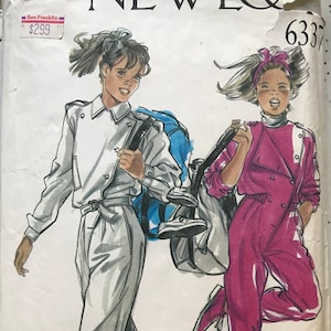 May include: A vintage sewing pattern for a jumpsuit, featuring two models wearing different colored jumpsuits. The pattern is labeled "NEW LOOK 6337" and has a price tag of $2.99.