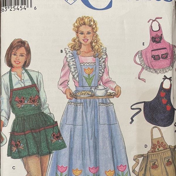 Simplicity 7027 Pattern CUT Complete Vintage 2000s Full Aprons in Short or Full Length with Ruffle Trim Option Appliques Birds Tulips Size L
