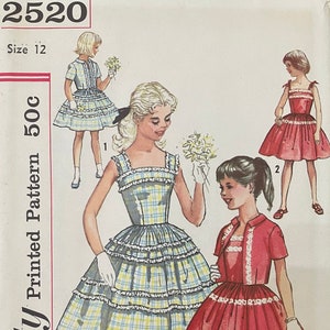 Simplicity 2520 Pattern UNCUT 1950s Vintage Girl&#39;s Sleeveless Fit and Flare Dress Below Knee Length Lace Trim Short Sleeved Jacket Size 12