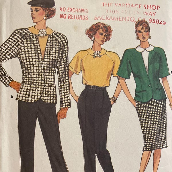 Vogue 9663 Pattern UNCUT 1980s Vintage Button Front Extended Shoulders Hip Length Long Short Sleeve Straight Skirt Pants Size 12 14 16