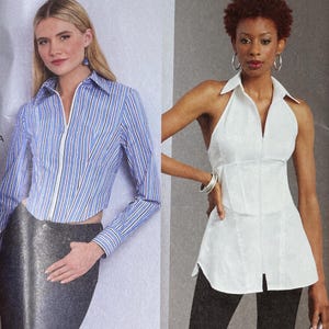 May include: Vogue Patterns sewing pattern V1956. The pattern features two women modeling different shirt styles. One is a blue and white striped shirt, and the other is a white halter top. The pattern is printed in the USA.