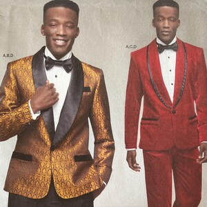May include: A Simplicity pattern featuring two men's formal suits. One suit is a gold patterned jacket with black lapels and black pants. The other suit is a red jacket and pants. The pattern includes the text "Simplicity" and "Since 1927".
