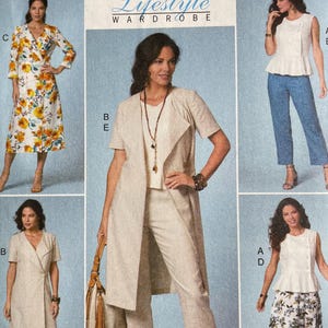 May include: A Butterick sewing pattern envelope showcasing a "Lifestyle Wardrobe" collection. The cover presents images of women modeling outfits, including dresses, trouser suits, and separates. The color scheme includes beige, white, and floral patterns.
