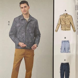May include: McCall's sewing pattern featuring a man's jacket, shorts, and pants. The jacket is a light blue with a paisley design. The pants are mustard yellow. The pattern includes size AA (34-36-38-40-42). Designed and printed in the USA.