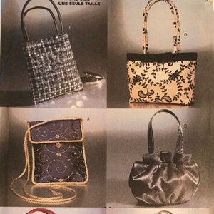 May include: A pattern sheet with instructions for making five different handbags. The handbags are shown in various colors and fabrics, including a black and white checkered bag, a floral patterned bag, a blue bag with gold embroidery, a silver bag, and a red bag with sequins.