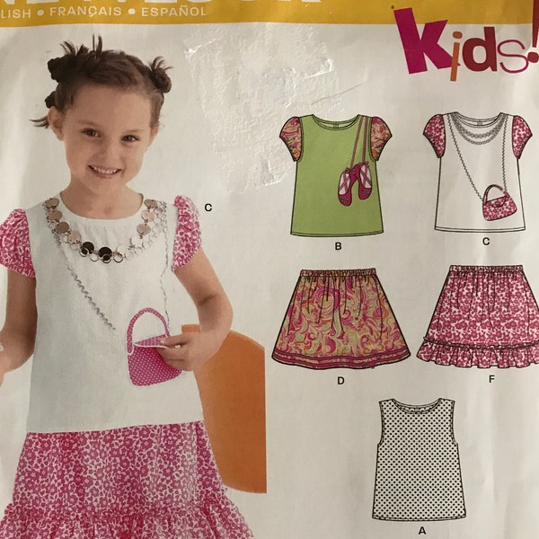 New Look 6044 Pattern Girl's Top with Purse or Ballet Slipper Applique Pull On Skirt Ruffled or Contrast Hem Size 3 4 5 6 7 8 - UNCUT