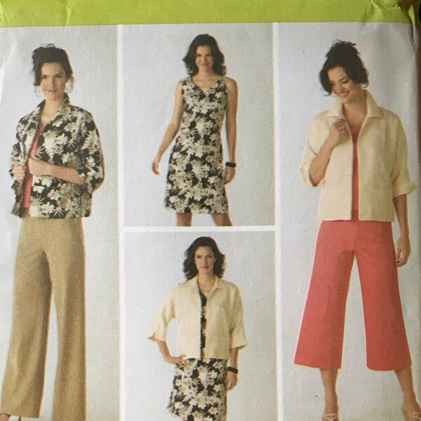 Simplicity 3843 Pattern Casual Separates Tank Top Sheath Dress Short Jacket Flared Pants Capris Size 10 12 14 16 18 or 20 22 24 26 28 UNCUT