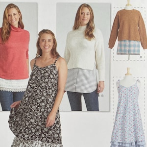 May include: Simplicity sewing pattern S9730 featuring women's tops and skirts. The pattern includes a red turtleneck top, a white sweater, a black floral dress, and various skirt styles. The text "easy-to-sew" is visible.