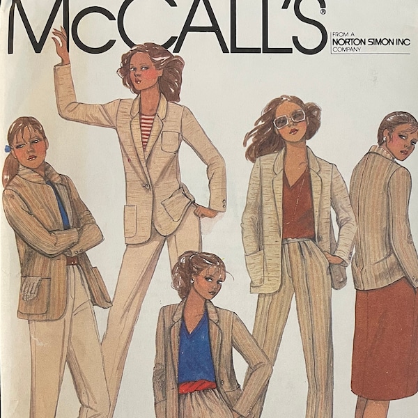 McCalls 7415 Pattern UNCUT 1980s Vintage Suit Set Below Hip Jacket Pockets Collar Straight Skirt and Full Length Pants Size 6 Bust 30.5 VA